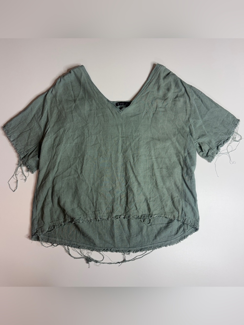 Very J Linen Blend Frayed Crop Top Sage Green Boho Size M